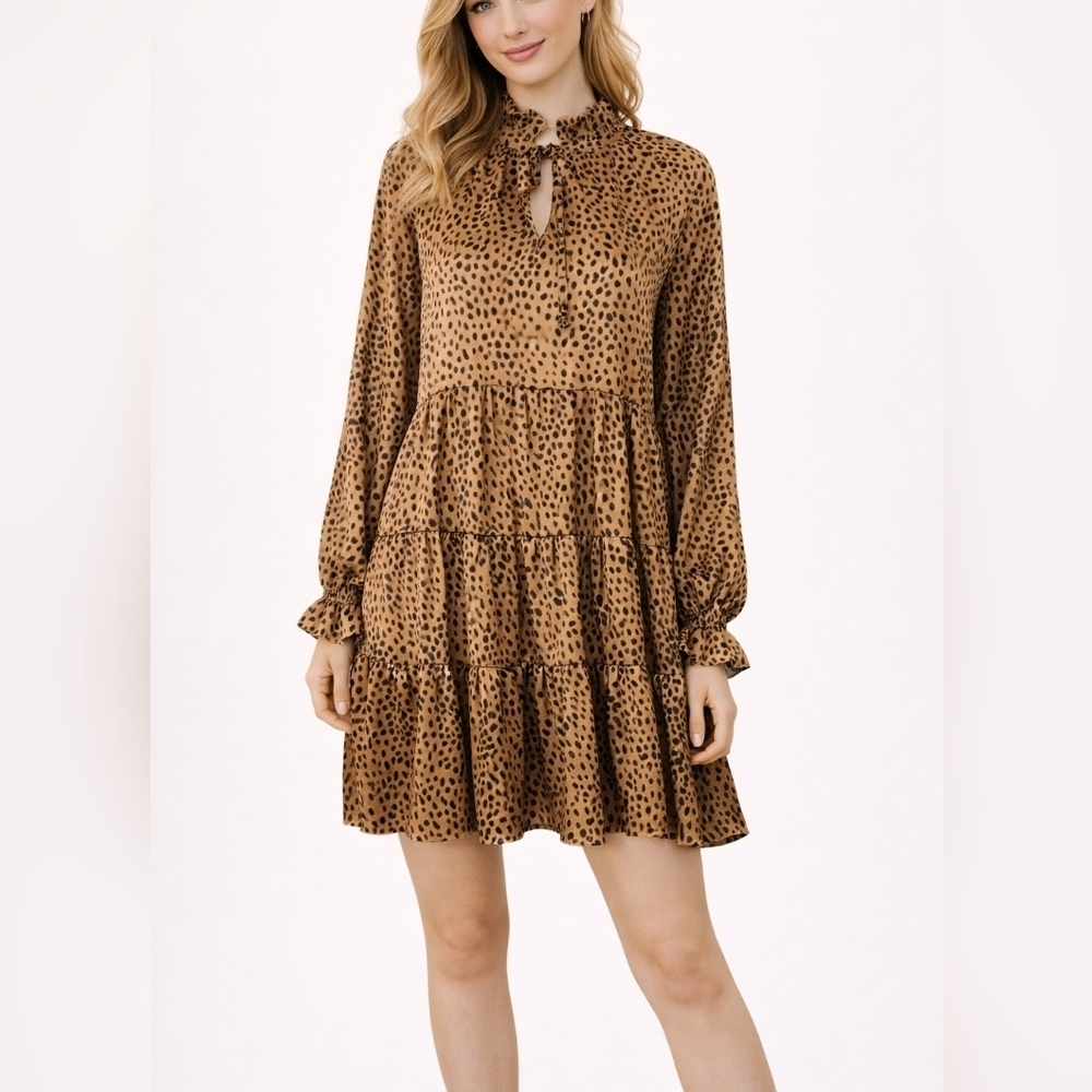 MERITT Satin Leopard Cheetah Print Tiered Ruffle High Neck Keyhole Dress